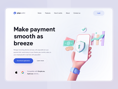 Piqowallet Landing Page 3d app application bank banking card clean design flat illustration landing landing page minimal ui wallet wallet landing website white