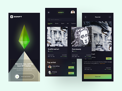 ZONFT - NFT marketplace mobile app adobe xd app art artist blockchain crypto cryptocurrency dark dark mode dark theme design designer digital art etherium figma mobile app nft nft marketplace skecth uiux