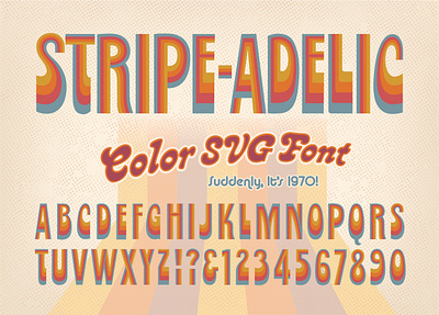 Stripe-adelic Color SVG font 1960s 1970s 60s 70s alphabet color font funky groovy hippie lettering letters logo psychedelic seventies sixties svg type typeface