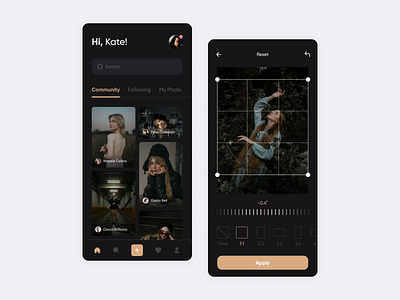 Community And Photo Editor Mobile App app clean design clean ui community creative design crop dark ui image editing interface minimal photo photo app photo edit photo editor app photo effect photoeditor photographer rotate ui ux