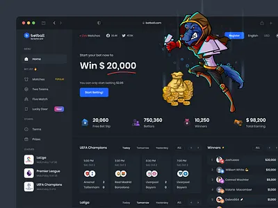 betball - be bettor pro! bet bettors clean minimal white crypto dark dashboard football games homepage illustration live match nft sidemenu smooth sport ui ux web winners