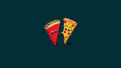 Cheesy Interactions adobe illustrator art character colourful colours communication conceptual art creative design fantasy food graphic design illustration imaginative pizza vector watermelon