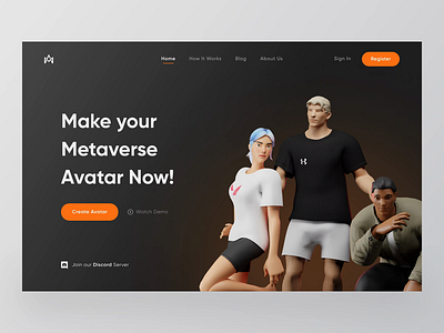 Metava - Metaverse Avatar Creator Landing Page 3d 3d art 3d character 3d design 3d illustration 3d landing page 3d modeling animation avatar creator blender header hero section illustration landing page landing page animation metaverse metaverse landing page render ui