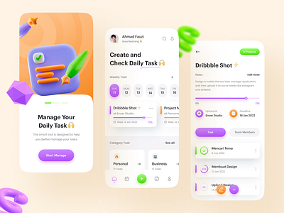 ⚡ Task Management - Mobile App 3d app clean dashboard design flat gradient line chart manage management app manager minimal minimalist mobile task task list task management tasks team ui