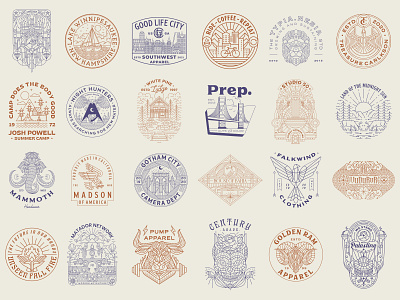 SDc. Badges/Logos/Apparel Roundup apparel artist artwork badge branding clothing design flash sheet geometric illustration line lineart logo logo design merch minimal monoline roundup simple vintage