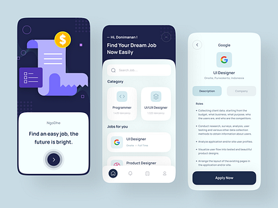 NgoDhe - Job Finder App UI app appui blue clean color design icon interface job work jobfinder minimal mobile mobile app simple ui ui design uiux ux