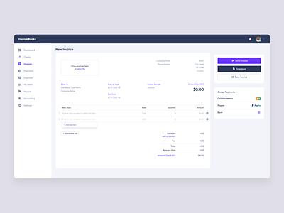 Dashboard: New Invoice Creation dashboard invoice new invoice payment ui ux website
