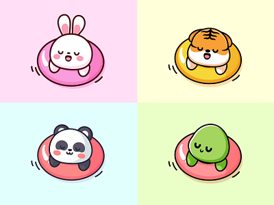 Float 🐰🐯🐼🐢 animal bunny cartoon character cute dog float funny illustration mascot panda pet pool pool float puppy shiba tiger turtle vector