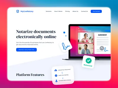 Notarize Documents agreement branding clean design document features gradient notarized notary online platform saas service sign signature ui web design
