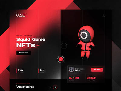 Squid Game - NFT Animation 3d animation blockchain character clean crypto dark mode design header landing page marketplace motion nft squid game ui uiux ux web design website