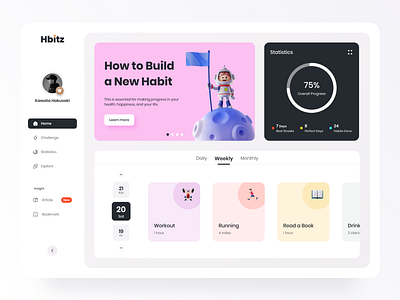 Hbitz - Habit tracker dashboard 3d illustration dashboard chart clay color ui dashboard dashboard ui graph habit app habit app ui habit application habit tracker habit tracker app habit tracker app ui habit tracker dashboard percentage progress bar progress indicator simple ui statistics ui design