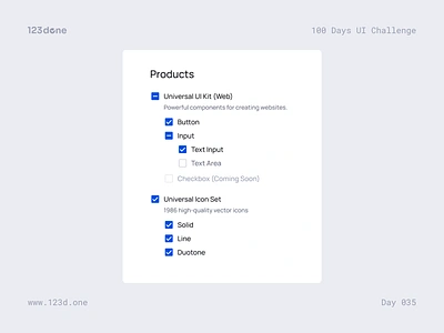 Day 035 — Checkboxes | 100 days UI challenge 123done check checkbox checkboxes daily ui dailyui design design kit design system interface ui ui kit universal design system (web)
