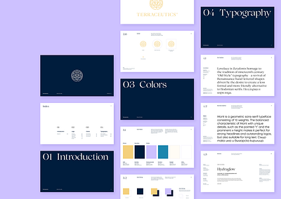 Terraceutics - Brand Guidelines brand guide brand guideline brand guidelines brandbook branding cosmetics cosmetics identity identity lavender layout design skin care symbol typography