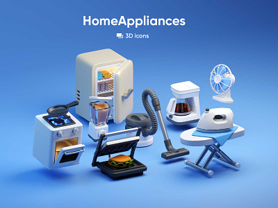 Home Appliances 3D icons 3d blender coffeemaker electronics fridge homeappliances illustration iron kit8 refrigirator stove unistil
