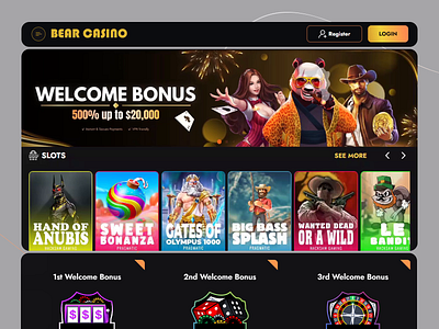 Virtual Casino Landing page by BEAR CASINO bear bear casino bet black gold design bonuses casino dark theme gamblers graphical elements landing page online casino online gambling responsive design slot game slots smoking bear user experience user interface uxui design web design