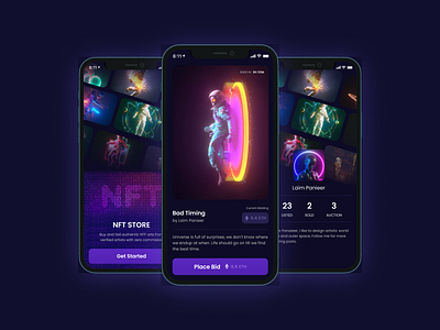 NFT Marketplace App app ui design dark ui marketplace mobile ui design neon nft nft app ui ux design vibrant