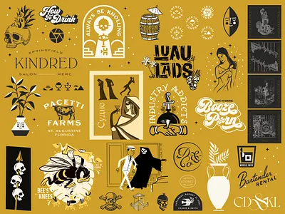 2021 Design Retrospectivus 2 color 2021 badge bee branding cocktails cow design logo plants poster retrospective salon skulls tiki type typography vase vector wedding