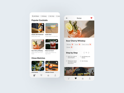 Tendy - Home Bartending App Design app cards drinks filter instructions like recipe results save ui ux