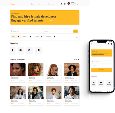 Findher- hire verified female developers graphic design landing page ui web app