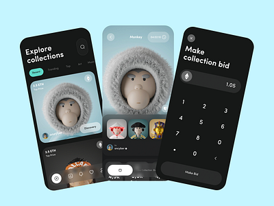NFT Collections - iOS App clean crypto dark design e commerce explore ios monkey nft ui