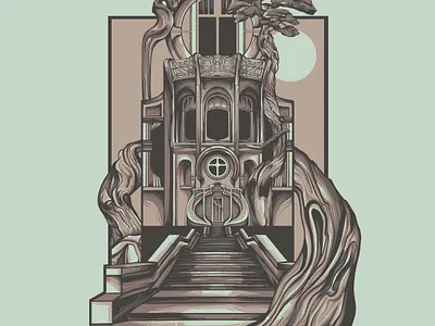 Surreal Art Nouveau Architecture architecture art nouveau bonsai tree branding building design door facade futuristic green grey illustration jungle mint nature poster art poster design posters surrealism vector