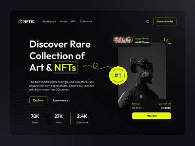 NFT Marketplace Landing Page - Version 2 bitcoin blockchain clean coin crypto cryptoart design ethereum hero hero section landing marketplace metaverse minimal nft nft collection token ui user interface website