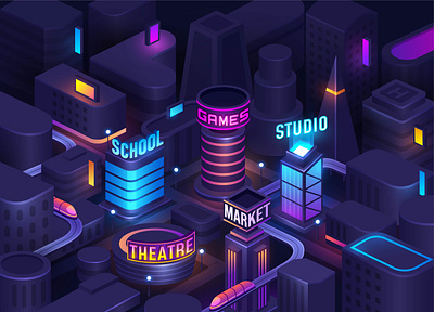 Isometric night city art city cityscape downtown futuristic game game ui illustration isometric land landmark neon neon city night city studio synthwave town ui urban vector