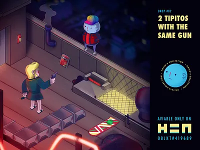 02-2 Tipitos with the same gun 2d animation back to the future biff bttf casino delorean future illustration marty motion graphics nft rooftop time machine tipito