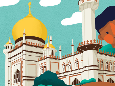 Sultan Mosque, Singapore architecture boy building character city community garden history illustration landmark mosque muslim narrative illustration singapore