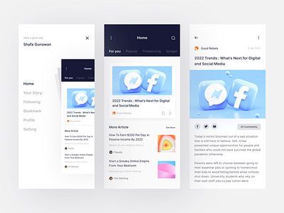 Upgraded - Mobile Article App Exploration article blog clean design follow fresh design hamburger menu home latest design menu mobile app more news news app read read article read blog read news reading app ui design ux design