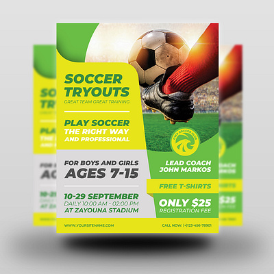 Soccer Tryouts Flyer Template academy ball business camp corporate design flyer game green illustration leaflet poster soccer sport team training