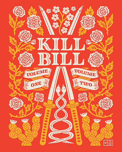 Kill Bill Movie Poster cactus cherry blossom floral flowers handlettering illustration japan japanese lettering movie poster quentin tarantino rose samurai snake sword texan texas type typography