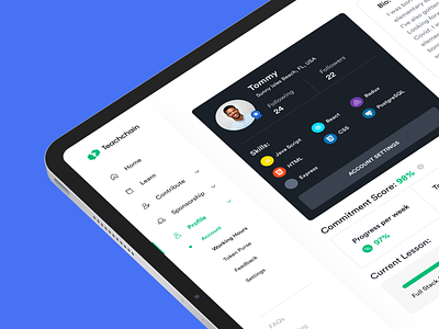 Teachchain — Interface for developers | Lazarev. clean design edtech education interactive interface learning platform for developers product profile score skills sponsorship student test ui ux