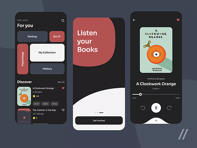 Audiobook App android animation app app design app interaction audio audiobook book dark theme design design ui interaction interface ios library literature motion online ui ux