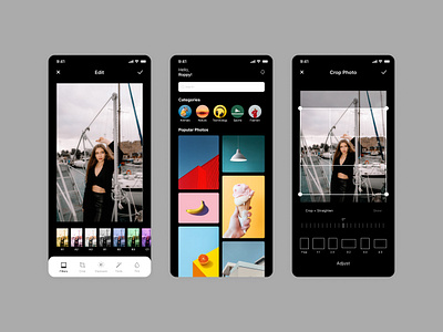 Photo Editor App black dark dark mode editor mobile photgraphy photo photo editor ui ux