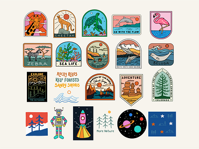 Merch Designs for Zoos, Aquariums, Science Museums aquarium badge design flamingo illustration merch merchandise mountains museum nature ocean outdoors science sea life space t shirt turtle zoo animal