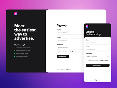Humming – User Sign Up dashboard design gradient login onboarding product registration sign in sign up startup tech ui ux