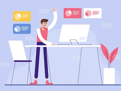 Freelancer at Working Project Flat Illustration branding computer design desktop flat freelance freelancer graphic header illustration illustration office remote ui ui design vector web work