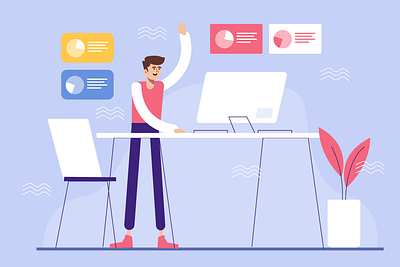 Freelancer at Working Project Flat Illustration branding computer design desktop flat freelance freelancer graphic header illustration illustration office remote ui ui design vector web work