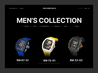 Richard Mille E-commerce Design Concept black background catalog dark style design e shop ecommerce interface luxury navigation premium shopify ui ui design uiux user interface watches web web shop website word press