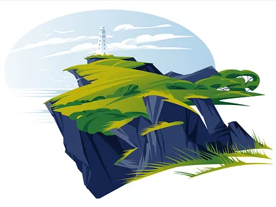 Lighthouse on the rock. birds day environment gradient illustration journey landscape lighthouse nature navigation open space rest rock sea season sky summer vector