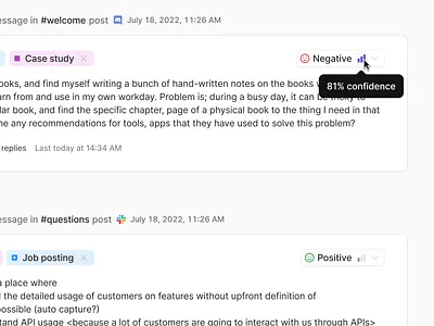 Experimenting with Surfacing Sentiment Confidence activity feed ai ai powered analytics content hover interactions messages minimal product design saas sentiment tags ui ux design uxui web