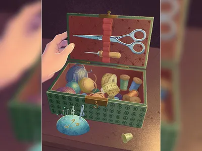 Casket app artwork book casket centimeter children design fairy furniture game hand illustration illustrator needles peter pan scissors subjects tale thimble threads