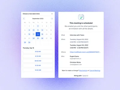 Reschedule flow (mobile) calendar choose a time choose time confirmation crm interview job job interview lever meeting meeting confirmed pick a time recruitment reschedule schedule select time teero time time slot zoom