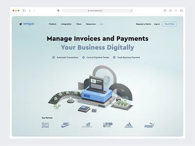 MyQuo – 3D Landing Page for Invoice Management 3d clean invoice landing page minimal payment saas ui web design website