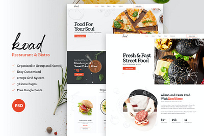 Koad - Bistro & Restaurant PSD Template abstract branding campus concept conferences creative design dishes exhibition fastfood illustration landingpage multipurpose onlinefood purpose university web web development web maintance webinar