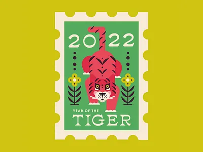 2022: year of the tiger animal butterfly chinese new year floral flowers geometric postage stamp spring stamp tiger