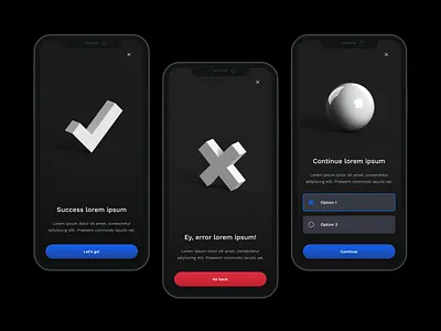 Simple 3D Success Error Continue Screens 3d app button cinema4d dark dimension error glow icons input field ipsum lorem mockup radio button shadow splash success test ui workflow