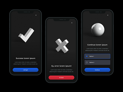 Simple 3D Success Error Continue Screens 3d app button cinema4d dark dimension error glow icons input field ipsum lorem mockup radio button shadow splash success test ui workflow