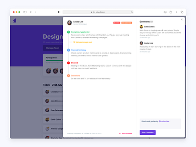 Stand - Standup overlay comments list minimal modal overlay popup ui web app